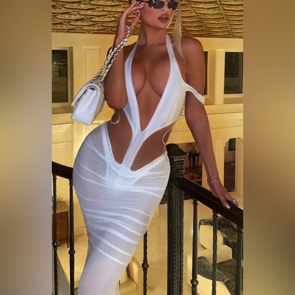 Classy Cut Out Mesh Cocktail Party Midi Dress One Piece Evening Swimsuit Wear - Picture 2 of 7